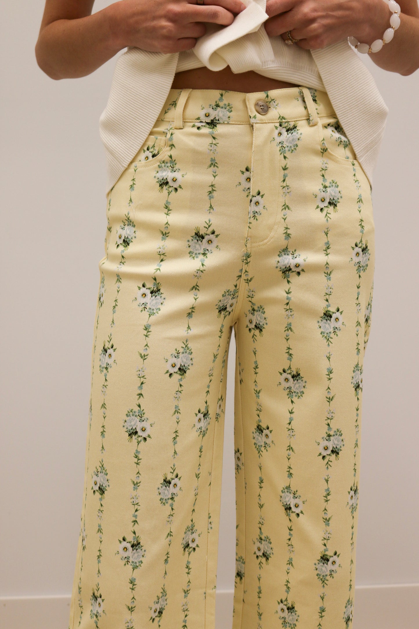 Valery Vertical Floral Print Wide Leg Cropped Pants - Yellow Multi
