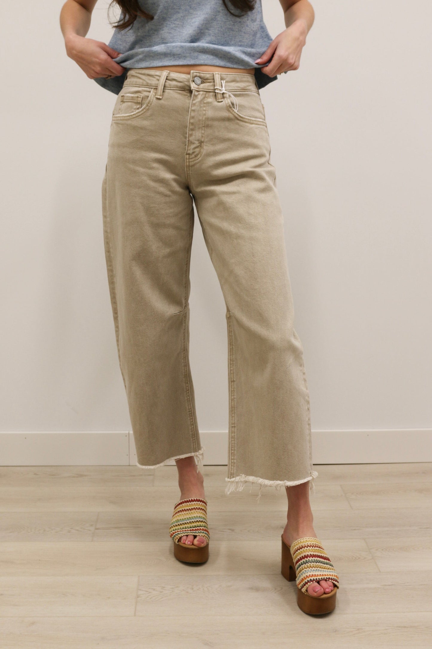 Kate High Rise Frayed Hem Barrel Denim by Vervet - Cinder