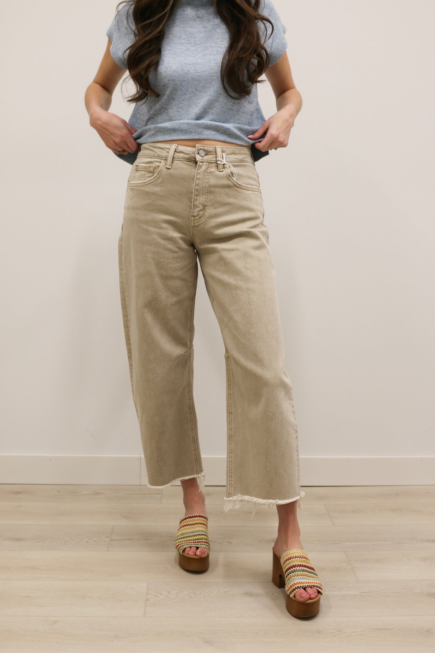 Kate High Rise Frayed Hem Barrel Denim by Vervet - Cinder