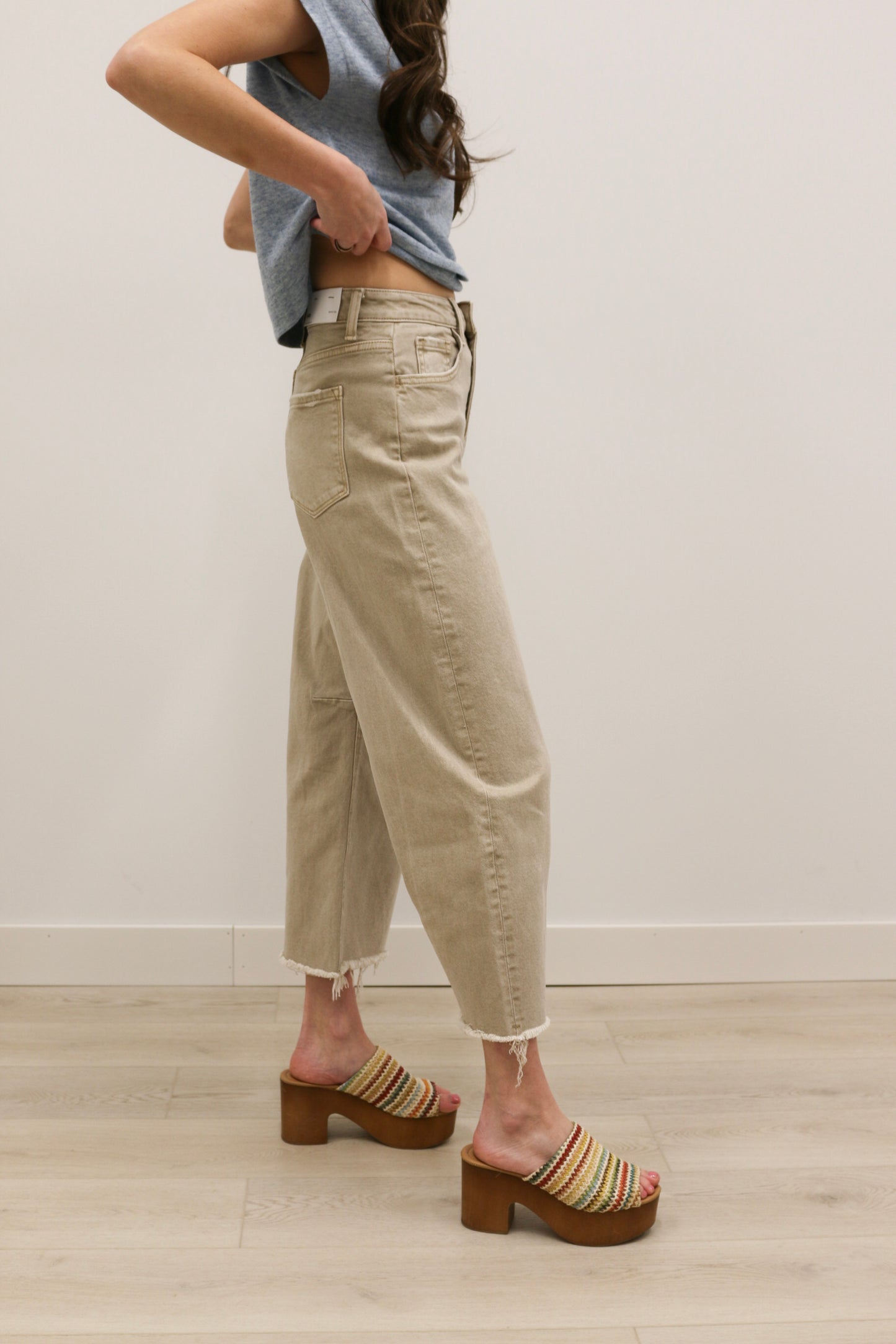 Kate High Rise Frayed Hem Barrel Denim by Vervet - Cinder