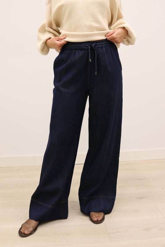 Vivi High Waisted Drawstring Wide Leg Pants - Dark Denim