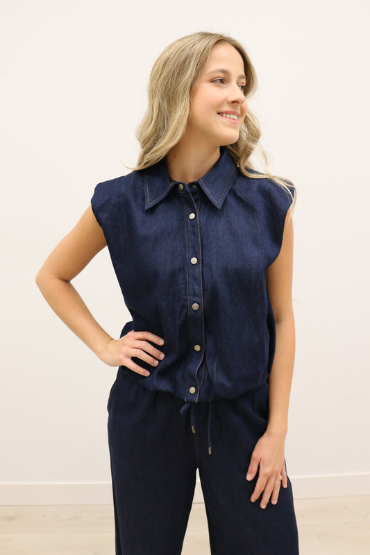 Vivi Bubble Hem Sleeveless Button Up Collared Top - Dark Denim