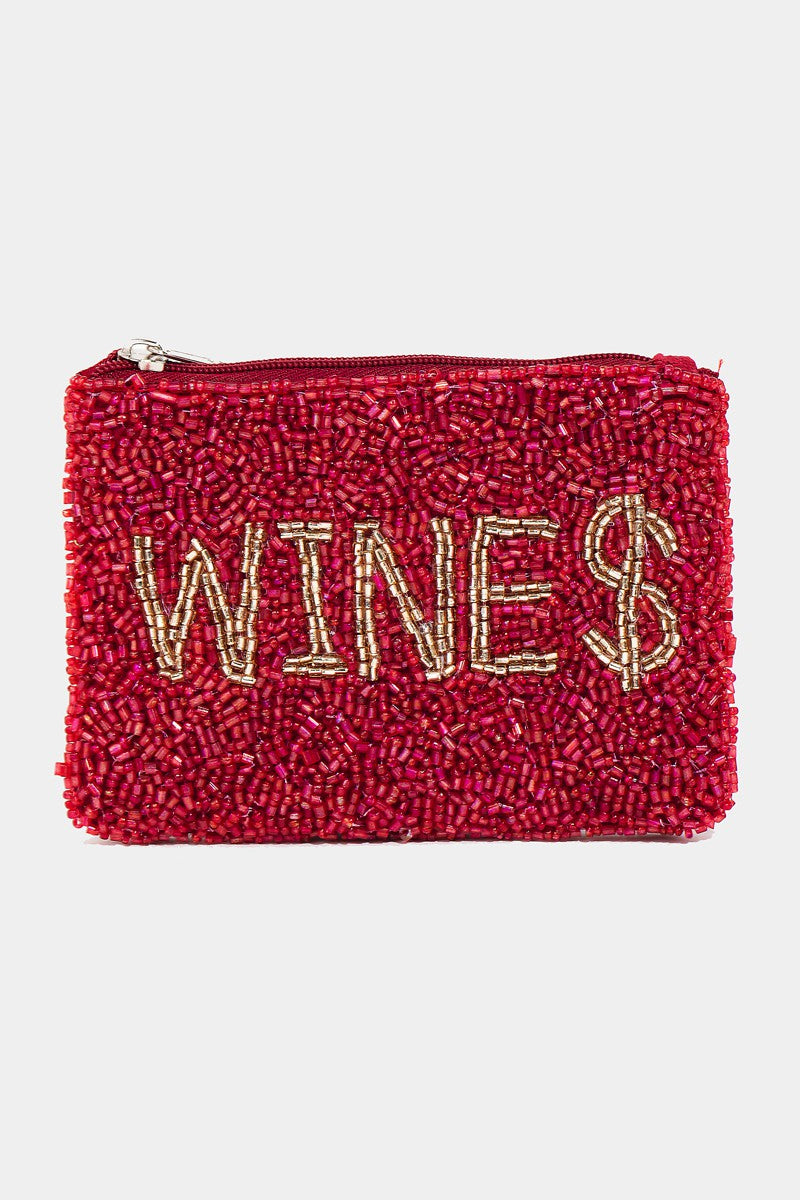 Wine Money Print Seed Beaded Coin Pouch - Burgundy Multi