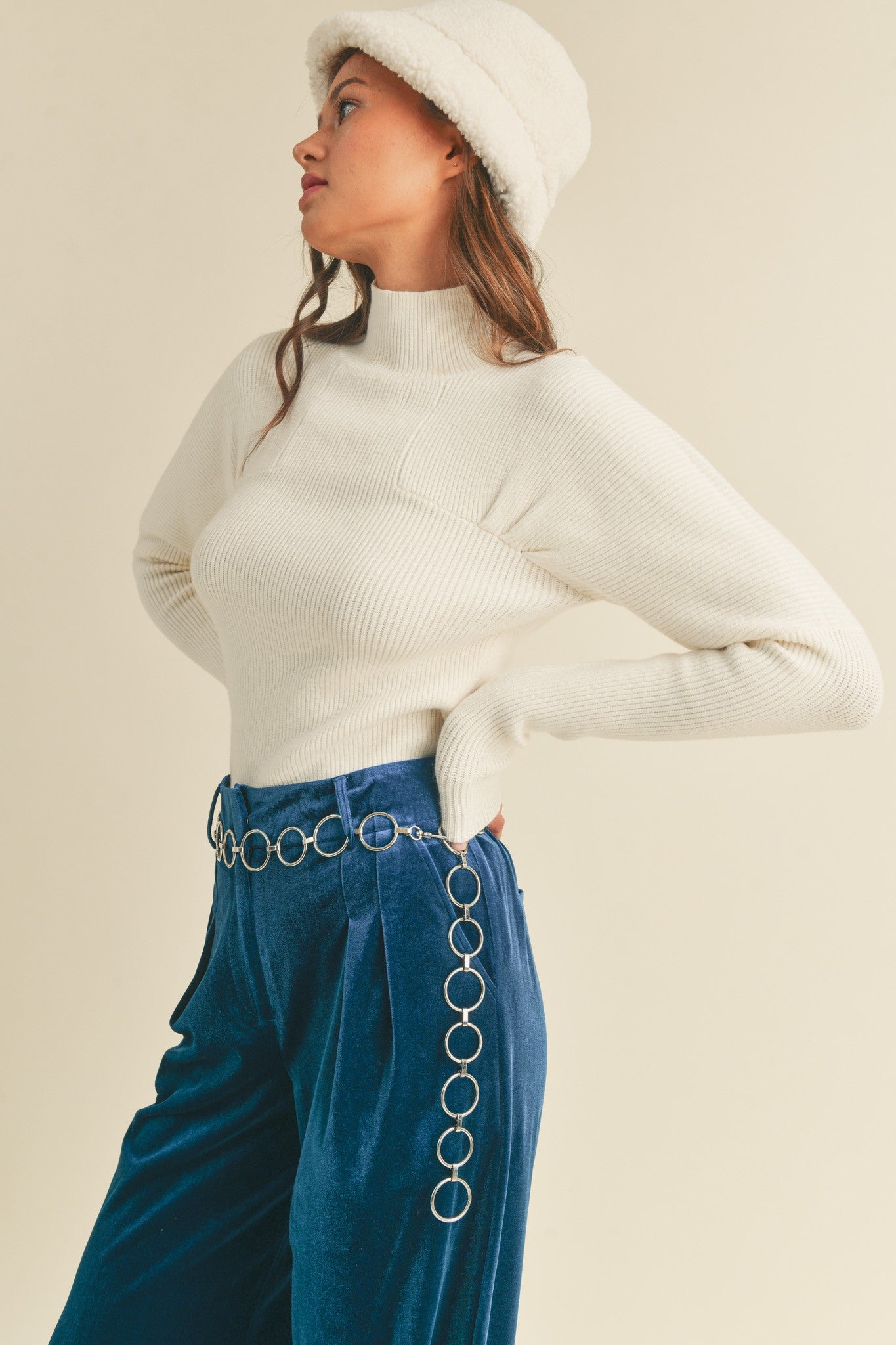 Snow Bunny Ribbed Mock Neck Shirring Detail Long Sleeve Sweater - Winter White
