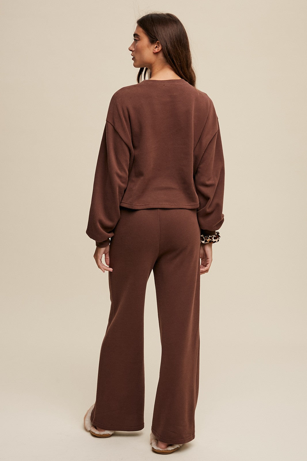 Kaia Long Sleeve Top and Wide Leg Pant Knit Athleisure Lounge Set - Mocha Brown