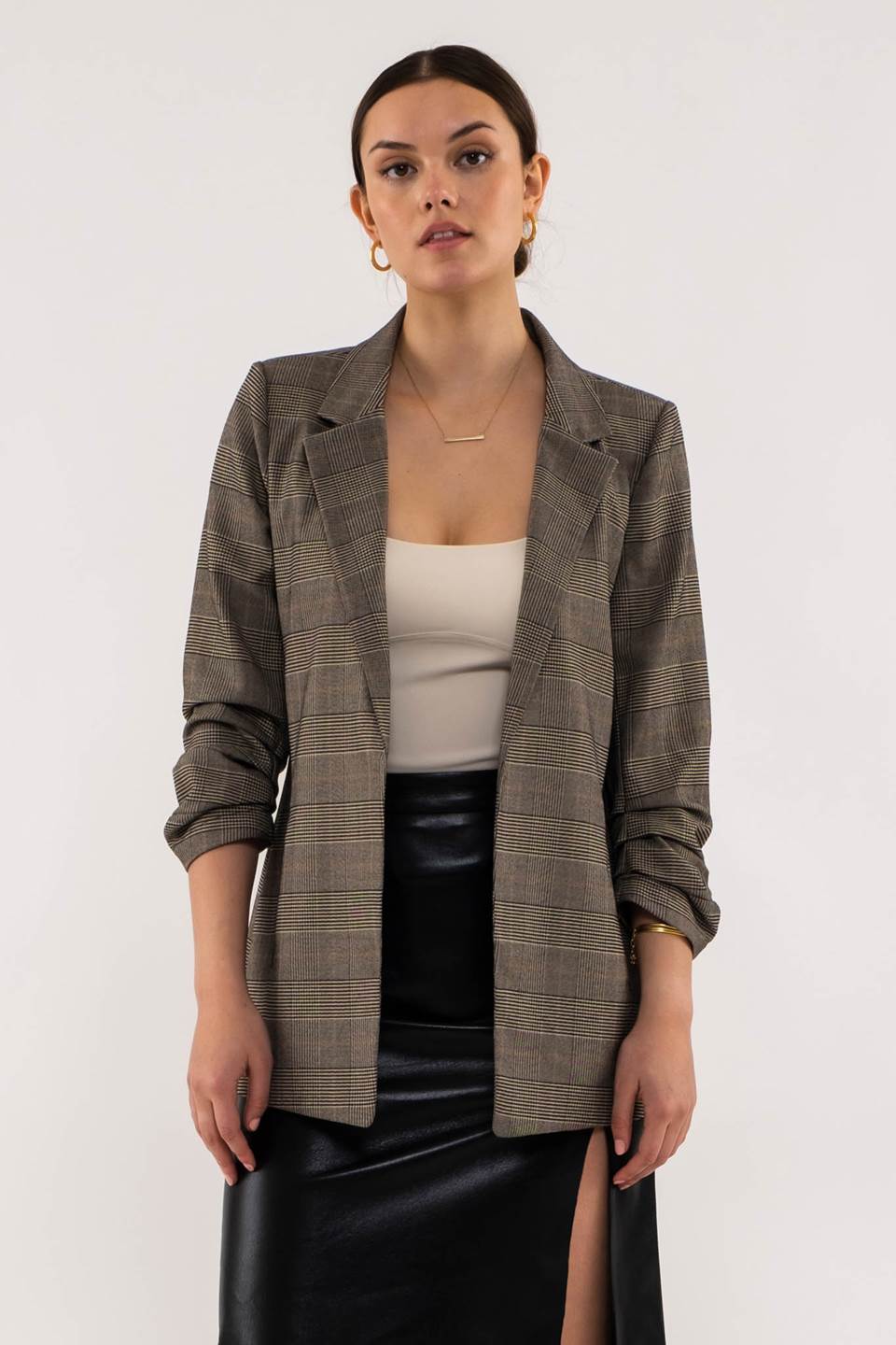Fitz Plaid Ruched Sleeve Blazer - Charcoal Multi
