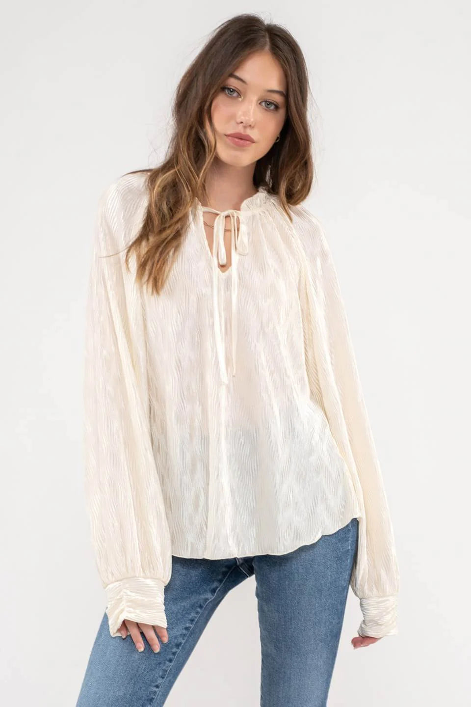 Kate Ruffle Neck Tie Plisse Long Sleeve Blouse - Ivory