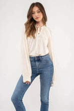 Load image into Gallery viewer, Kate Ruffle Neck Tie Plisse Long Sleeve Blouse - Ivory
