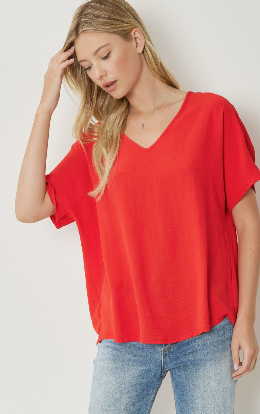 zSALE Thea Essential V-Neck Short Sleeve Woven Blouse - Red