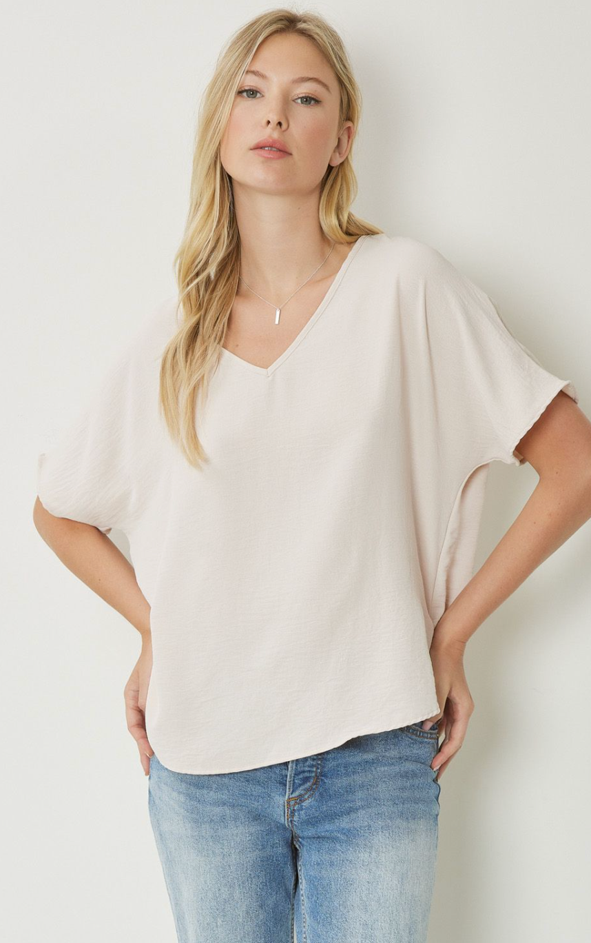 Thea Essential V-Neck Short Sleeve Woven Blouse - Oatmeal