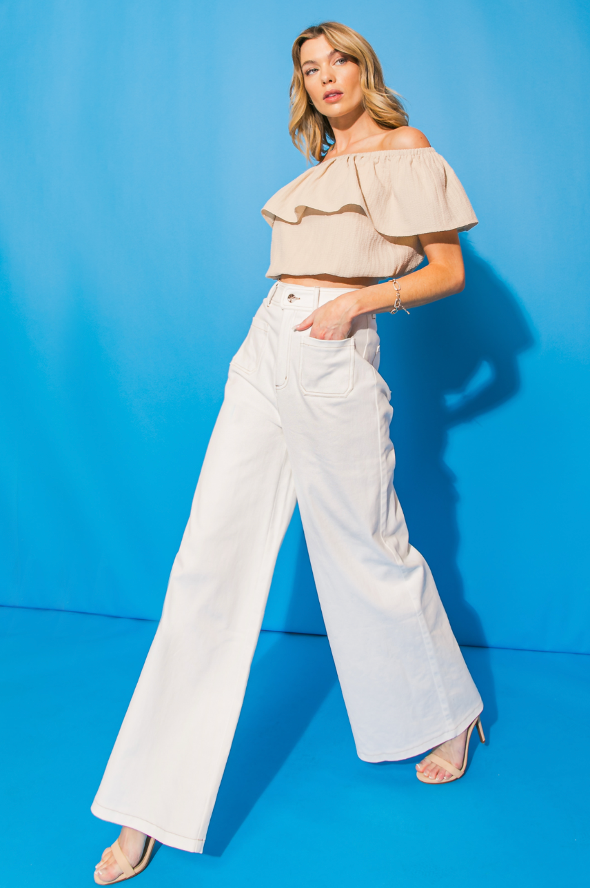 Keaton High Waisted Stretch Twill Wide Leg Pant - White