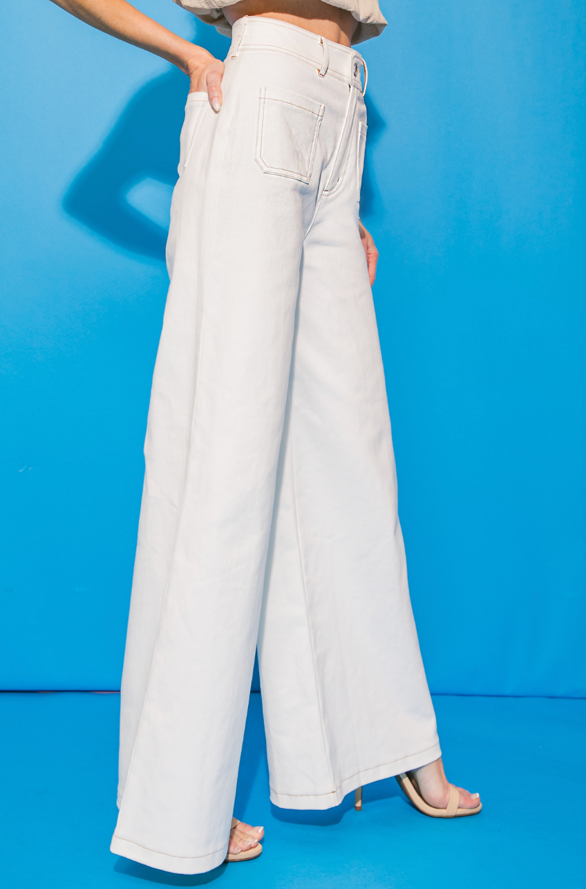 Keaton High Waisted Stretch Twill Wide Leg Pant - White