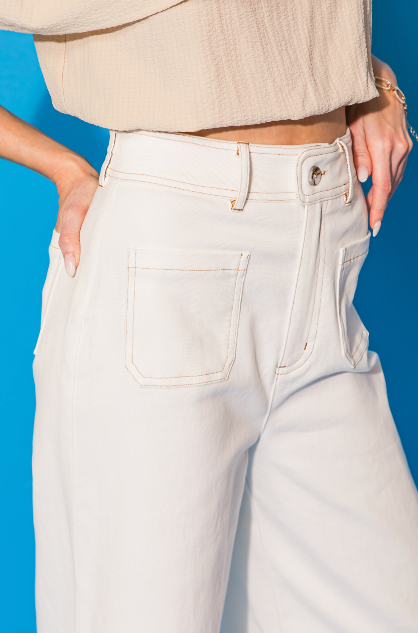 Keaton High Waisted Stretch Twill Wide Leg Pant - White