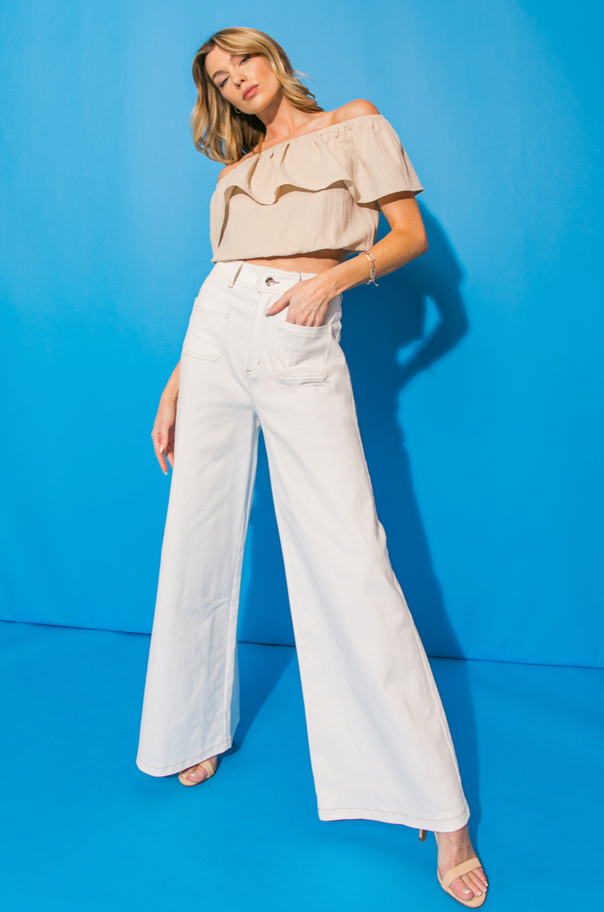 Keaton High Waisted Stretch Twill Wide Leg Pant - White