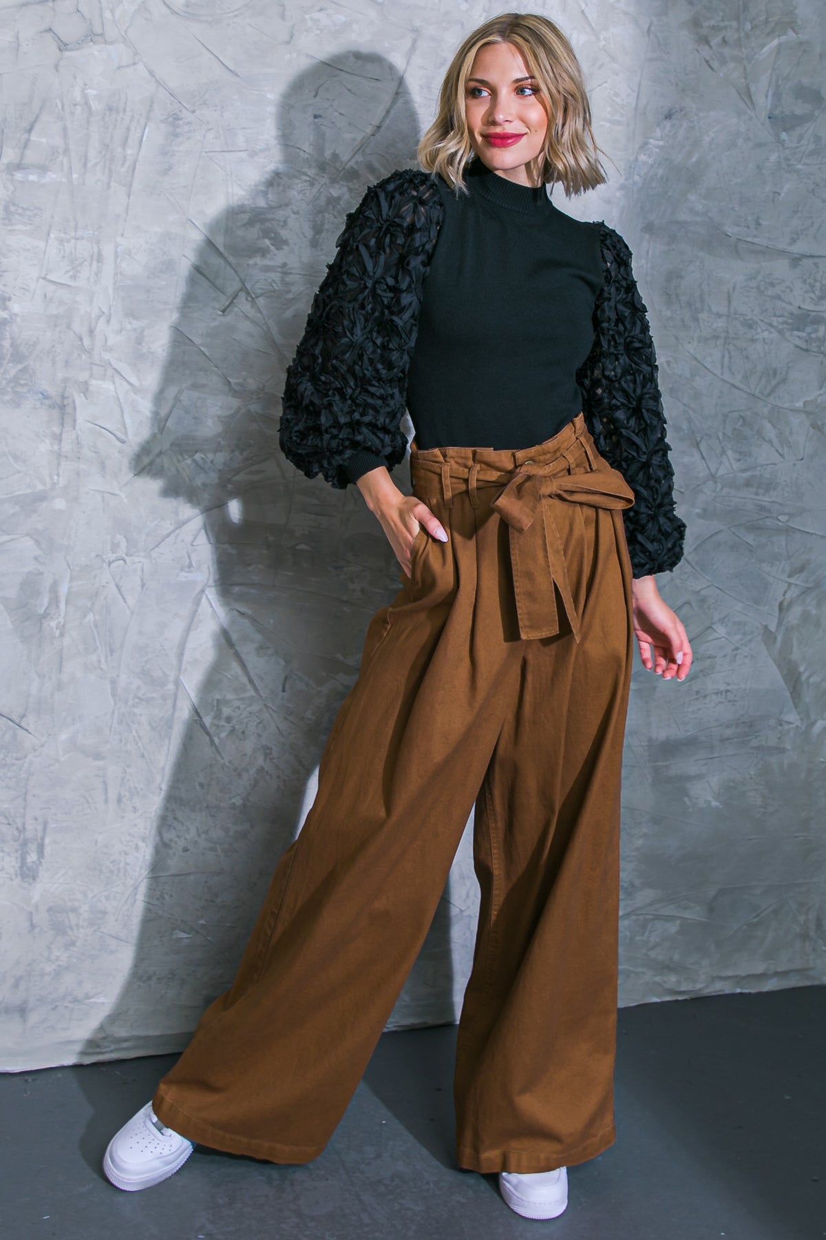 zSALE Cleo High Waisted Wide Leg Paper Bag Pants - Brown