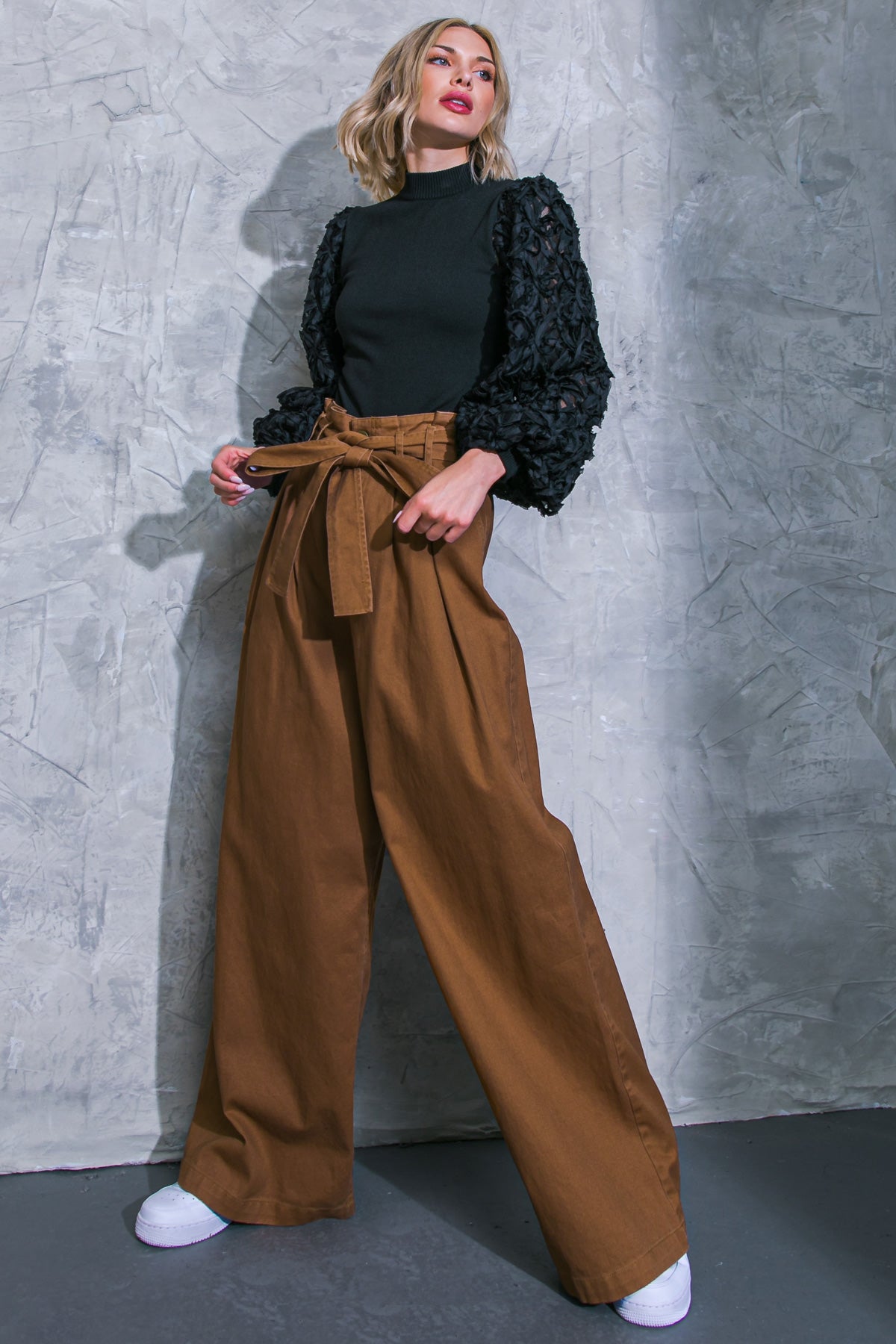 zSALE Cleo High Waisted Wide Leg Paper Bag Pants - Brown