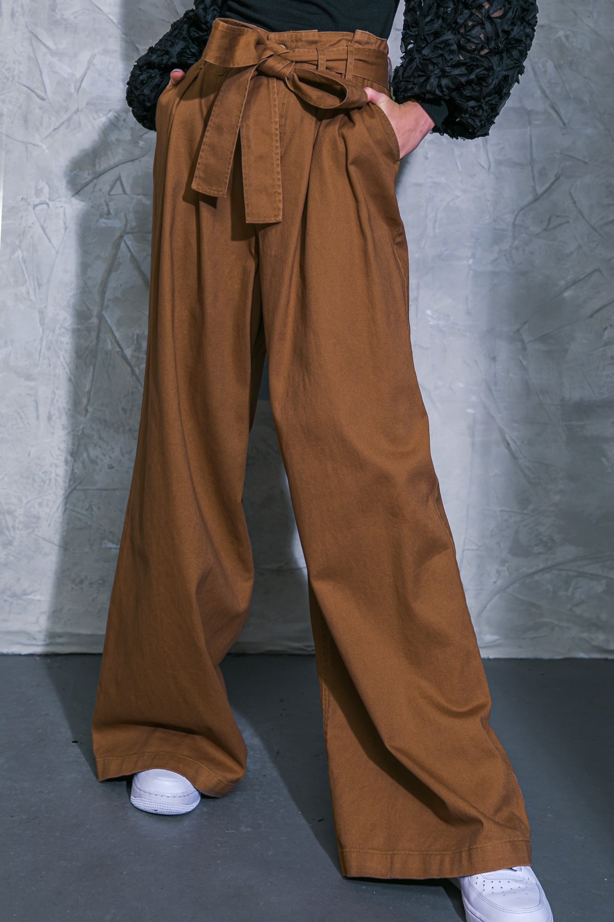 zSALE Cleo High Waisted Wide Leg Paper Bag Pants - Brown