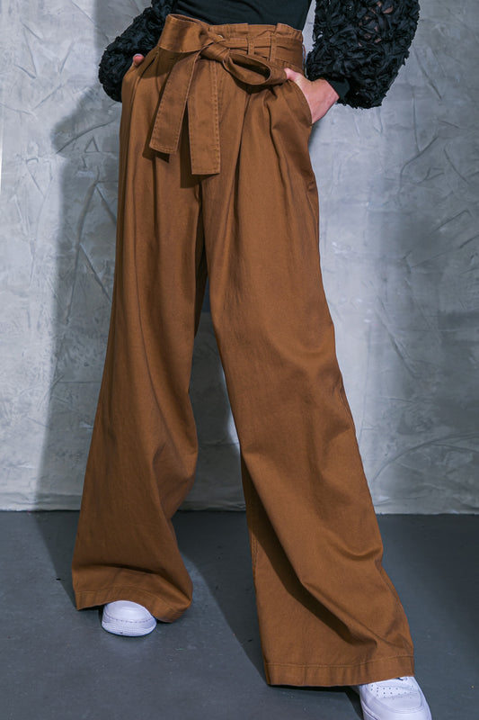 zSALE Cleo High Waisted Wide Leg Paper Bag Pants - Brown