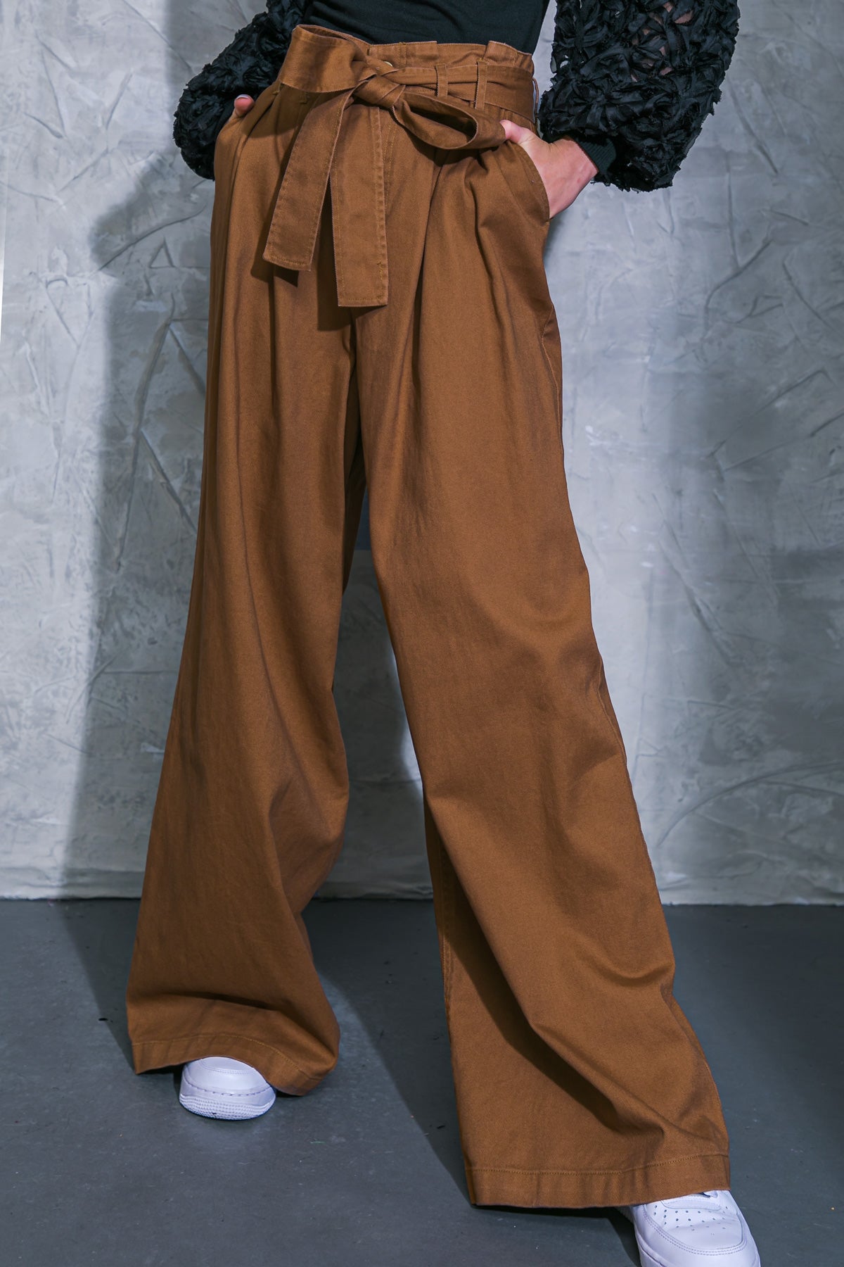 Cleo High Waisted Wide Leg Paper Bag Pants - Brown