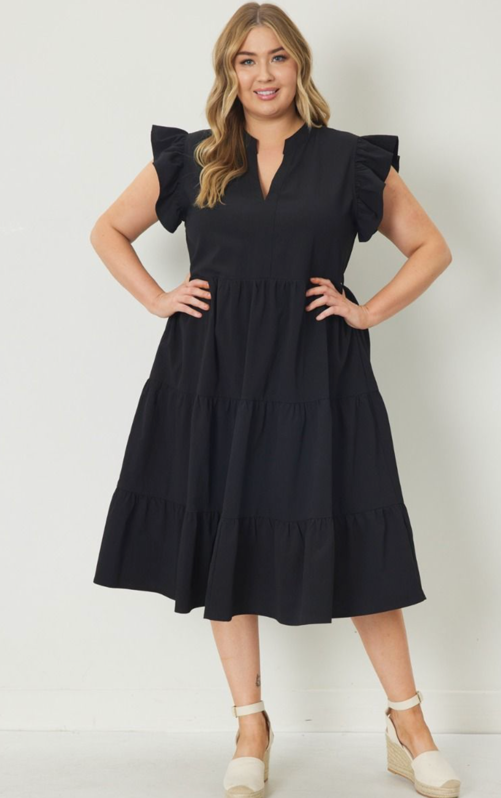 Curve Bryn V-neck Tiered Ruffle Sleeve Midi Dress - Black