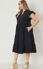 Load image into Gallery viewer, Curve Bryn V-neck Tiered Ruffle Sleeve Midi Dress - Black
