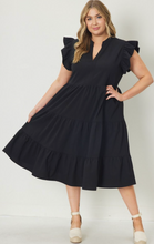 Load image into Gallery viewer, Curve Bryn V-neck Tiered Ruffle Sleeve Midi Dress - Black
