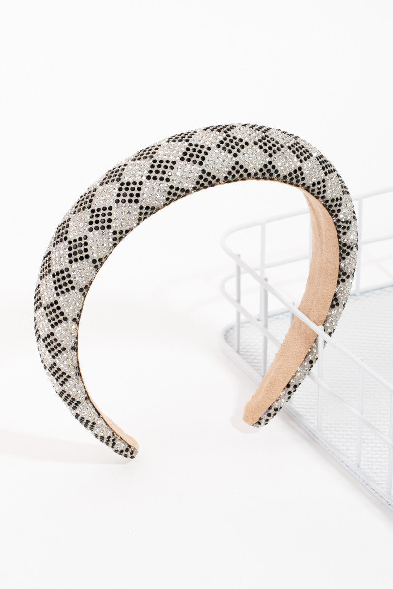 Rhinestone Checker Pattern Puffy Headband - Black, Silver