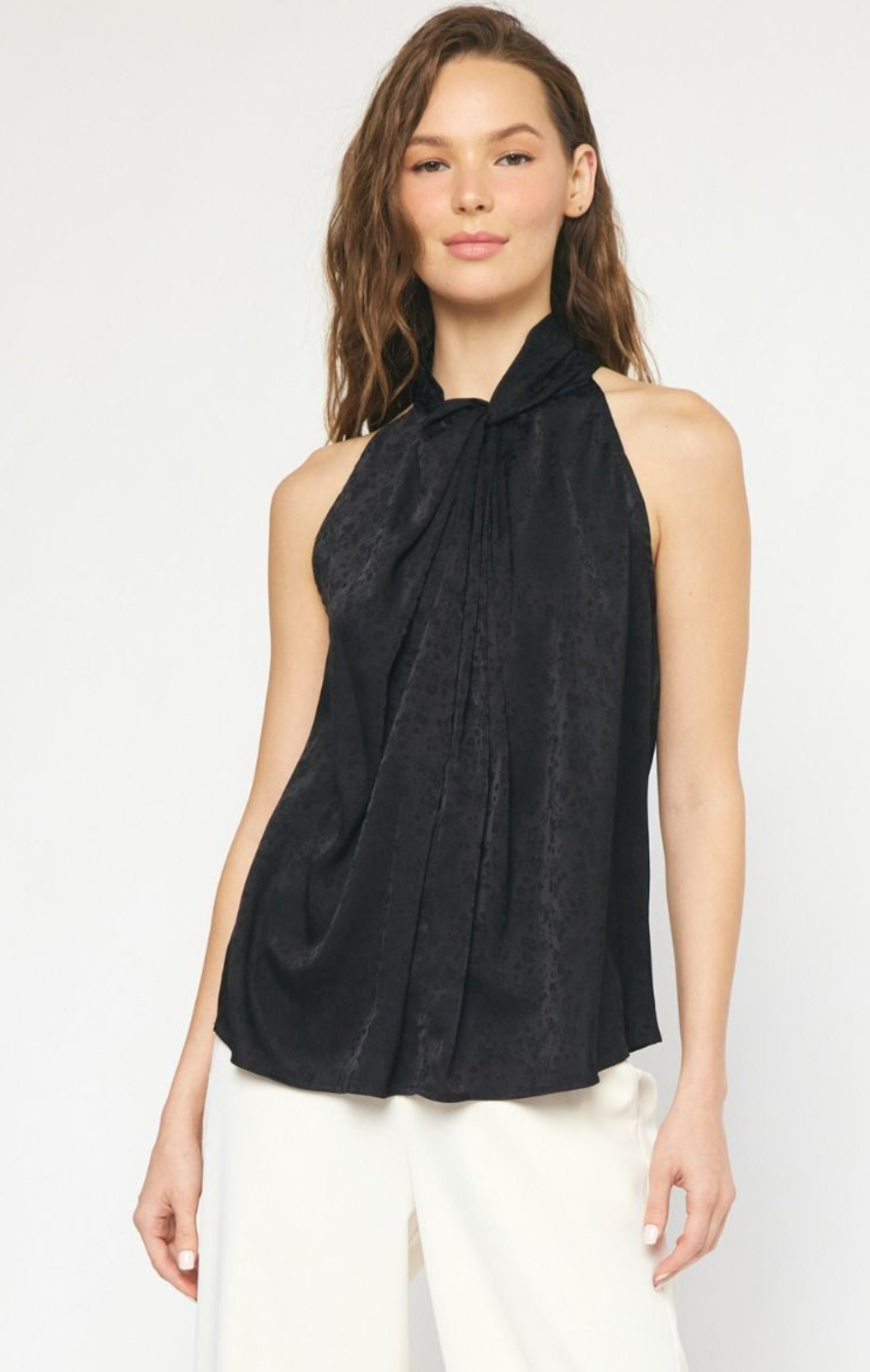 Catherine Satin Floral Jacquard High Neck Tank Blouse - Black