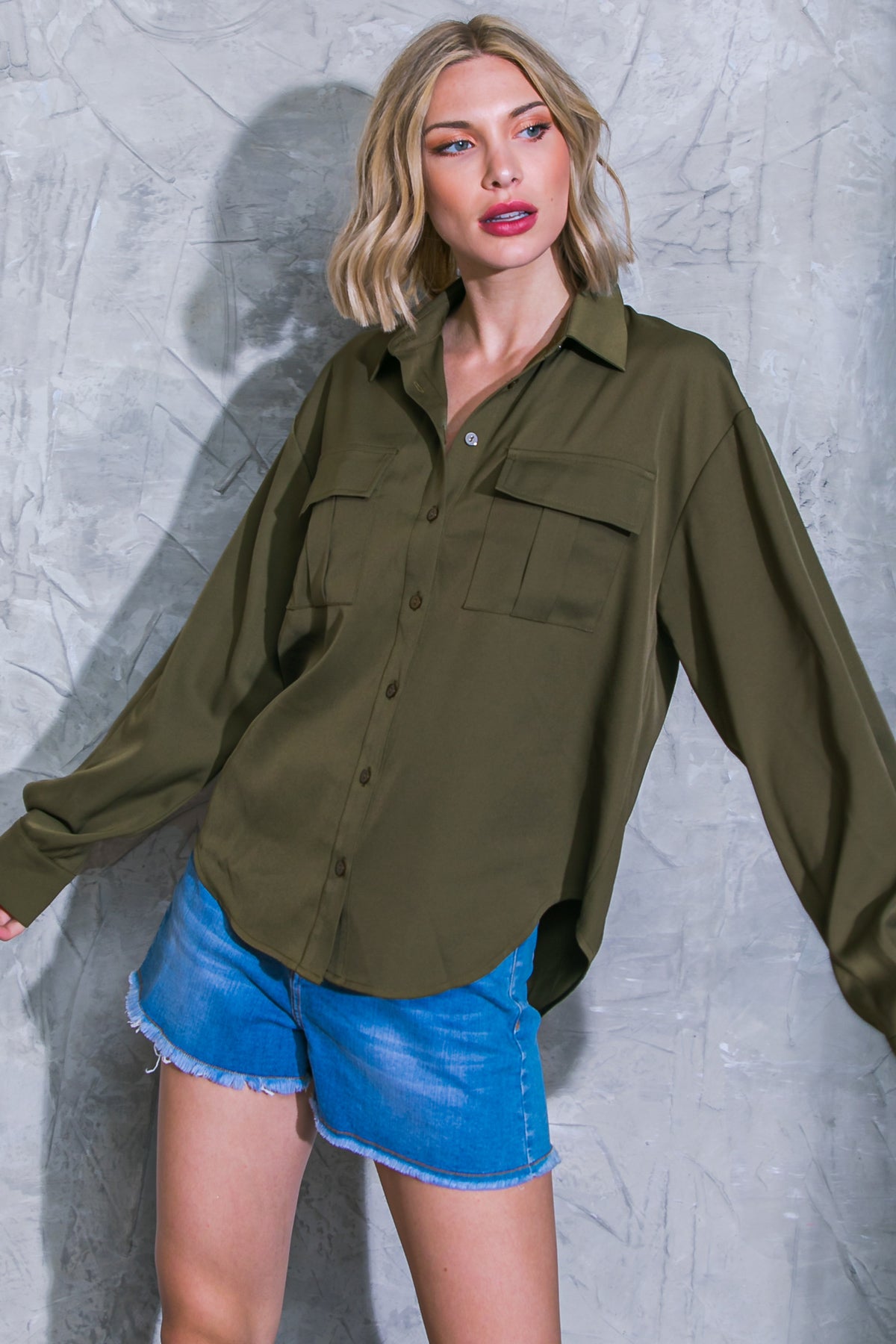Birdie Long Sleeve Collared Button Up Woven Blouse - Dark Olive