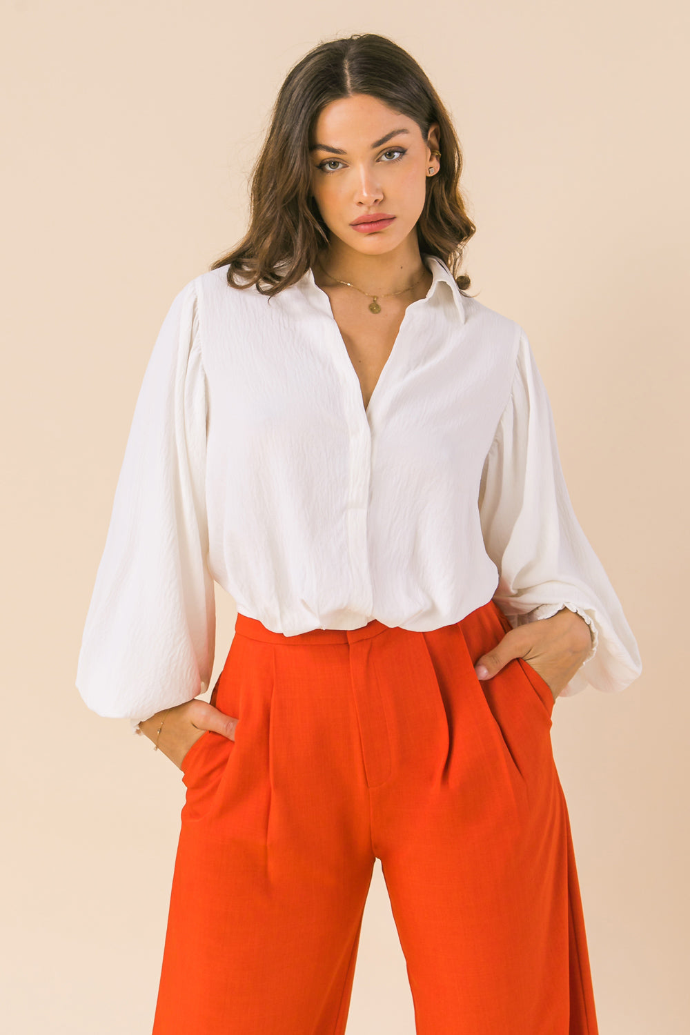 Bradshaw Collared Woven Long Sleeve Blouse - Ivory