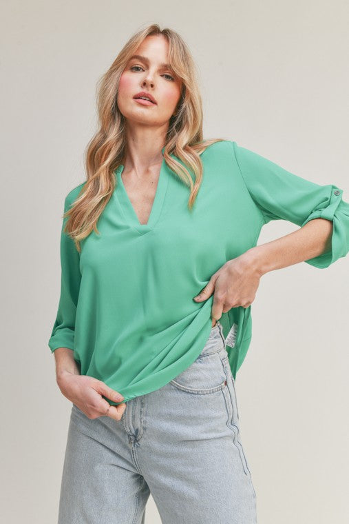 Delilah V-Neck 3/4 Sleeve Woven Blouse - Green
