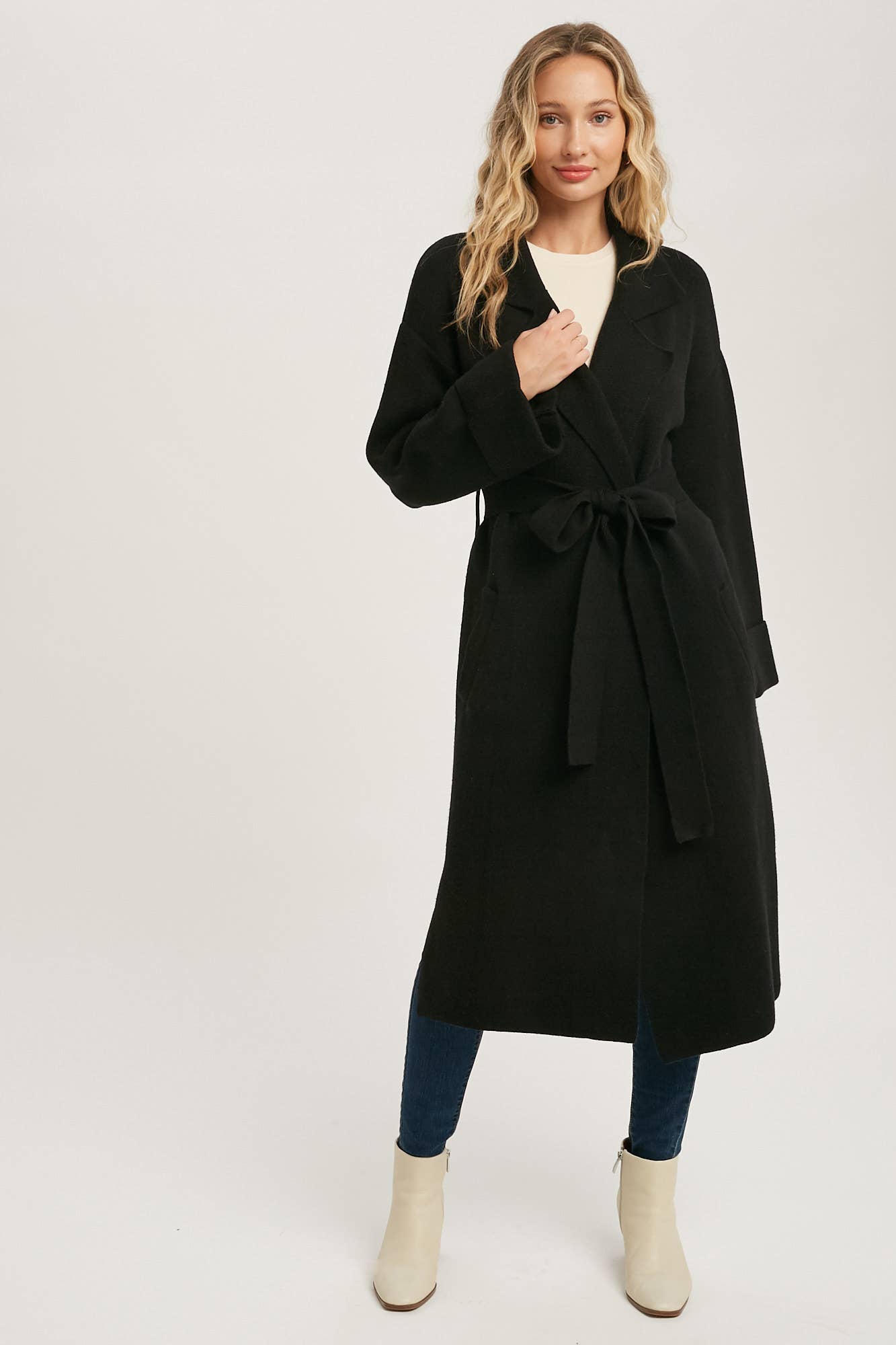 Leah Heavy Knit Trench Coat - Black