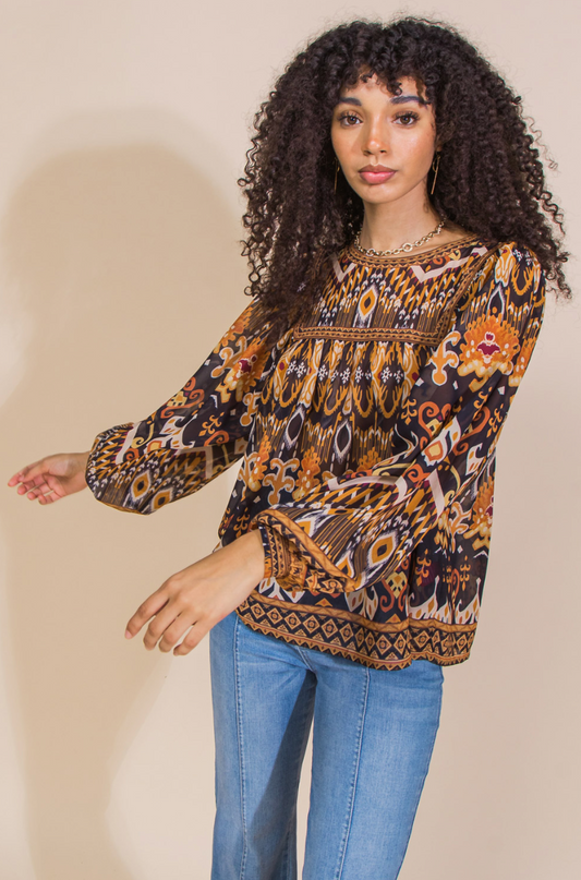 zSALE Adara Aztec Printed Long Sleeve Woven Blouse - Multi