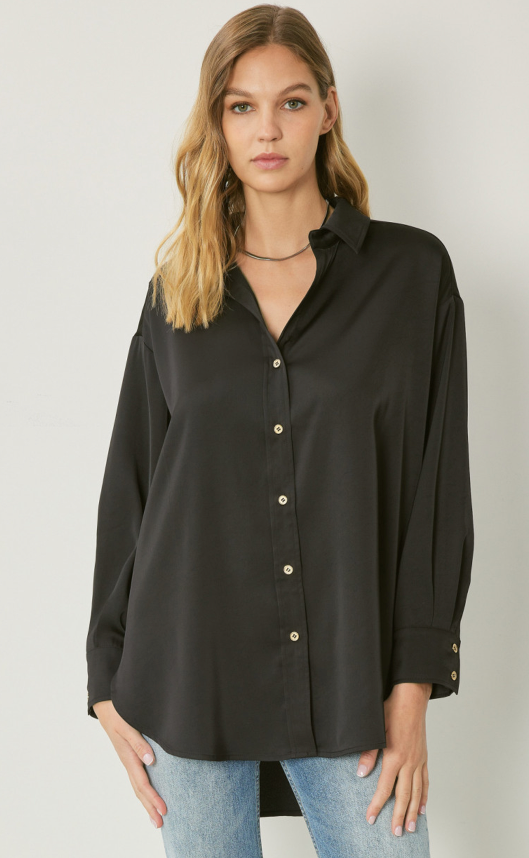 Amanda Silky Shine Button Up Woven Blouse - Black