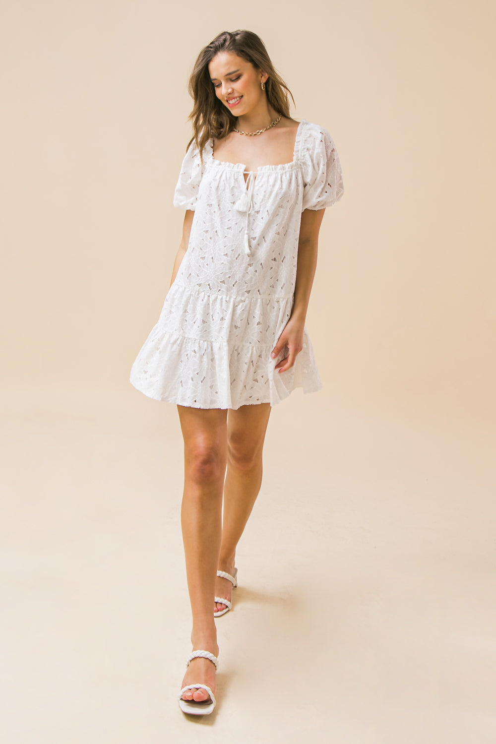 zSALE Amelia White Eyelet Tie Front Tassel Mini Dress - White