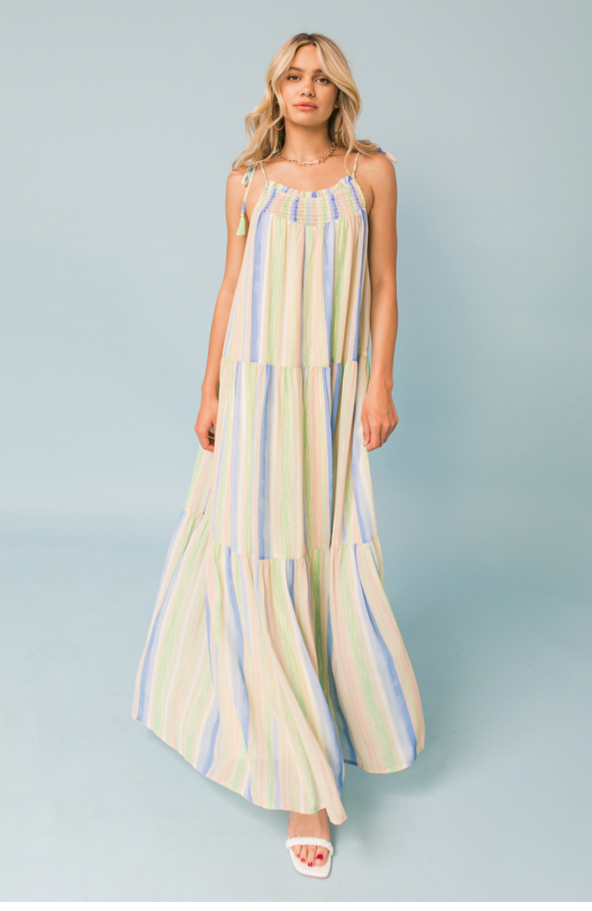 zSALE Ashley Pastel Stripe Tie Strap Maxi Dress - Green Multi