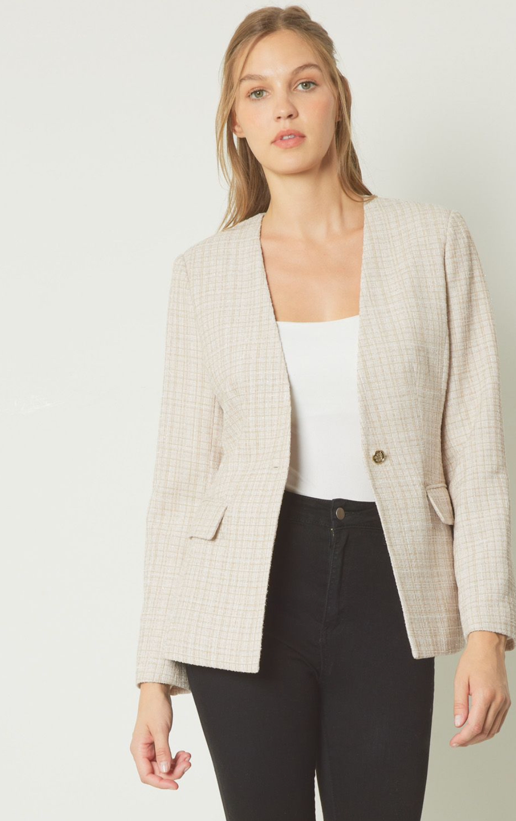 Audrey Classic Shimmer Tweed Button Front Blazer - Champagne
