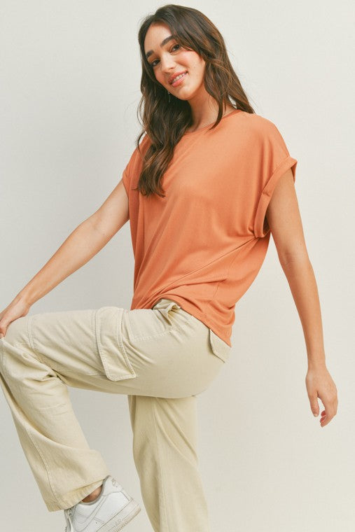 Cupro Short Sleeve Round Neckline Knit Basic Tee - Tera Sand