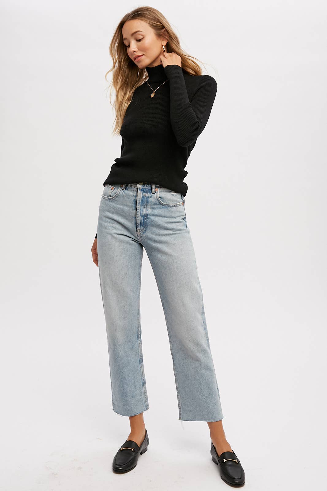 Audrey Long Sleeve Ribbed Knit Turtleneck Pullover - Black