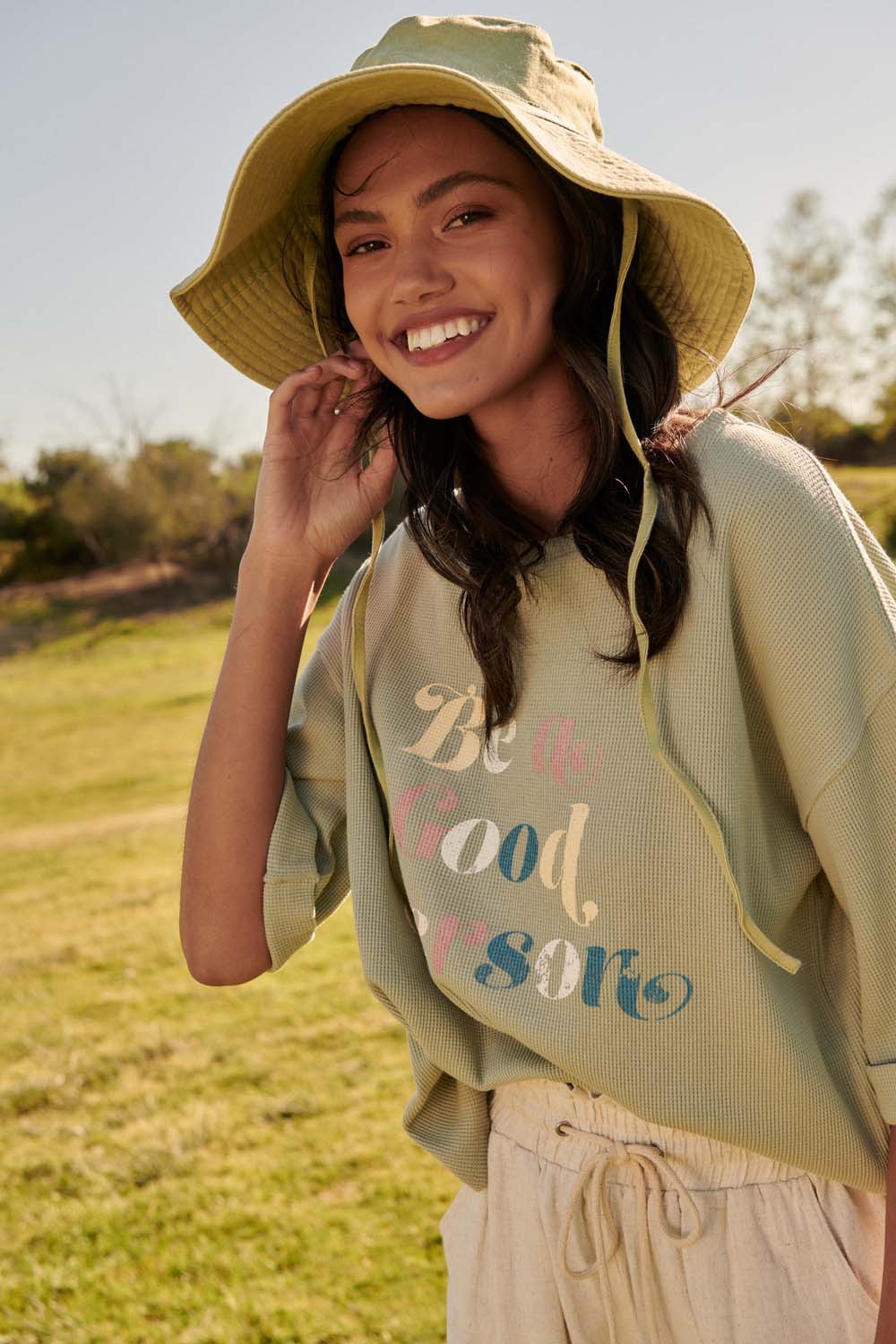 zSALE Be A Good Person Waffle- Knit Graphic Tee - Muted Sage
