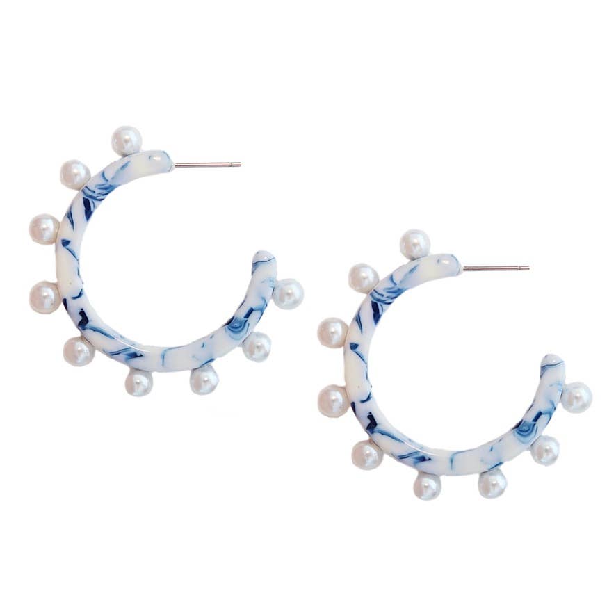 Blue and White Acrylic Pearl Hoops