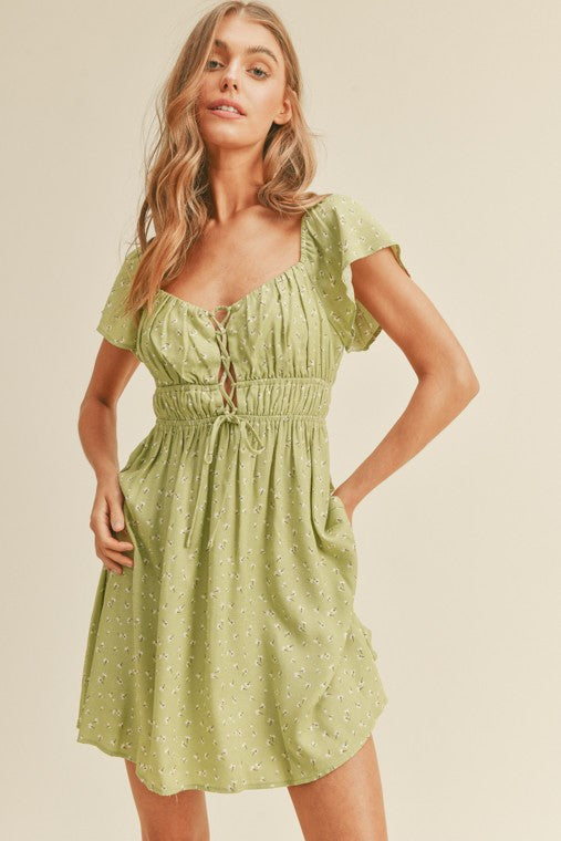 zSALE Celery Lace Up Front Flutter Sleeve Printed Mini Dress - Green Multi