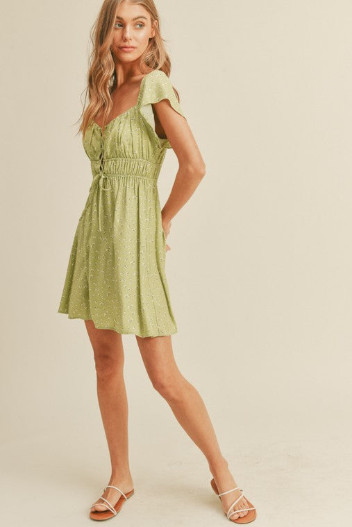 zSALE Celery Lace Up Front Flutter Sleeve Printed Mini Dress Green M