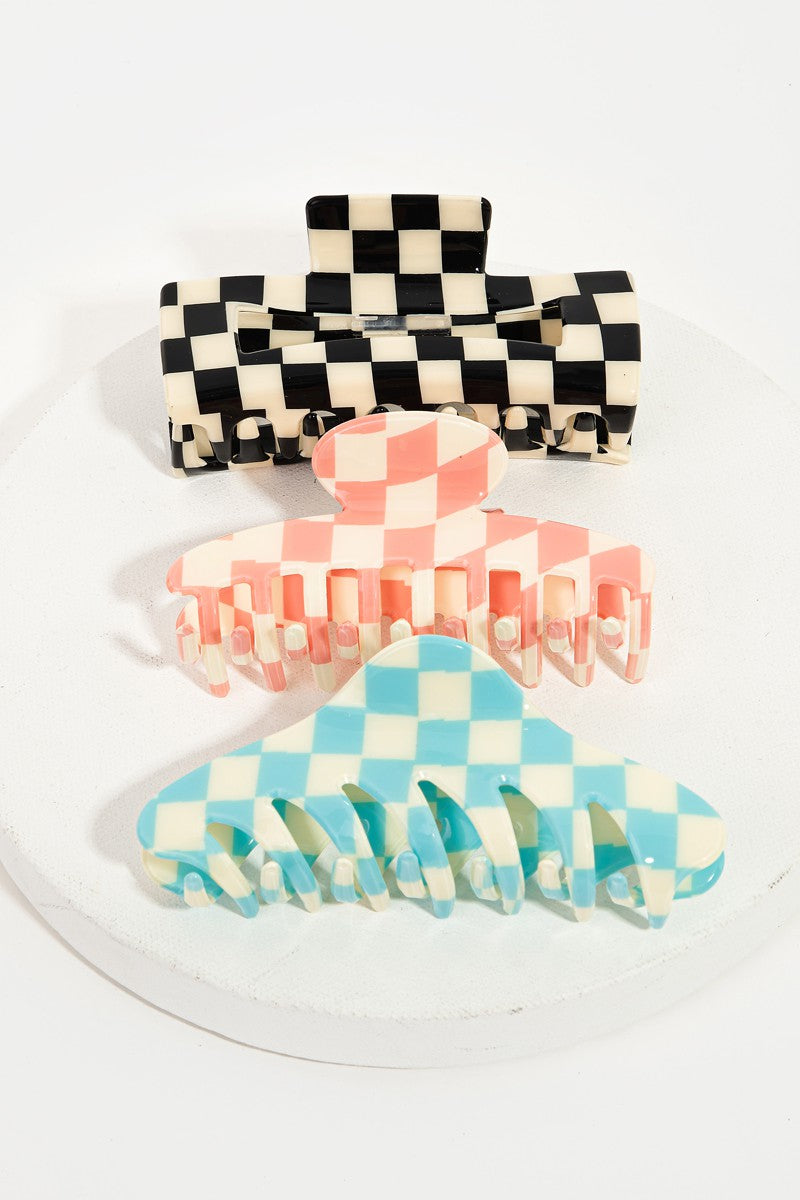 Checker Print Hair Claw Clips Set - Multi