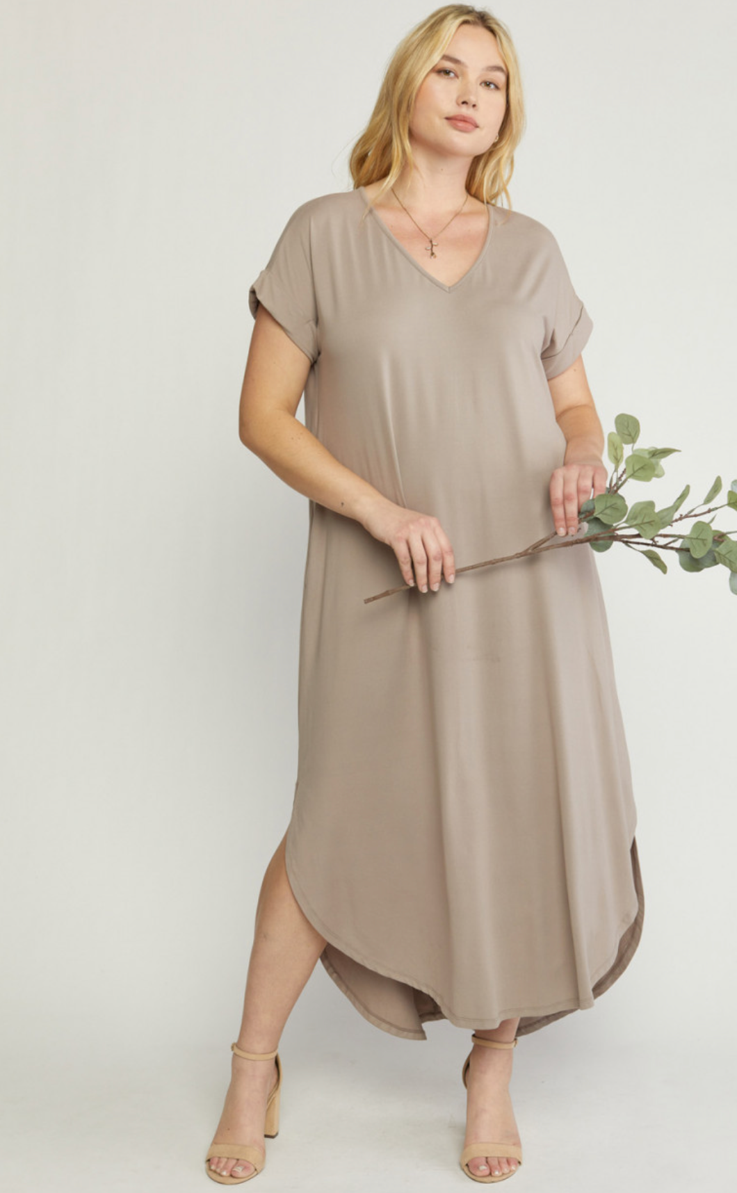 Curve Cove Jersey Knit V-Relaxed Fit T-Shirt Maxi Dress - Sand