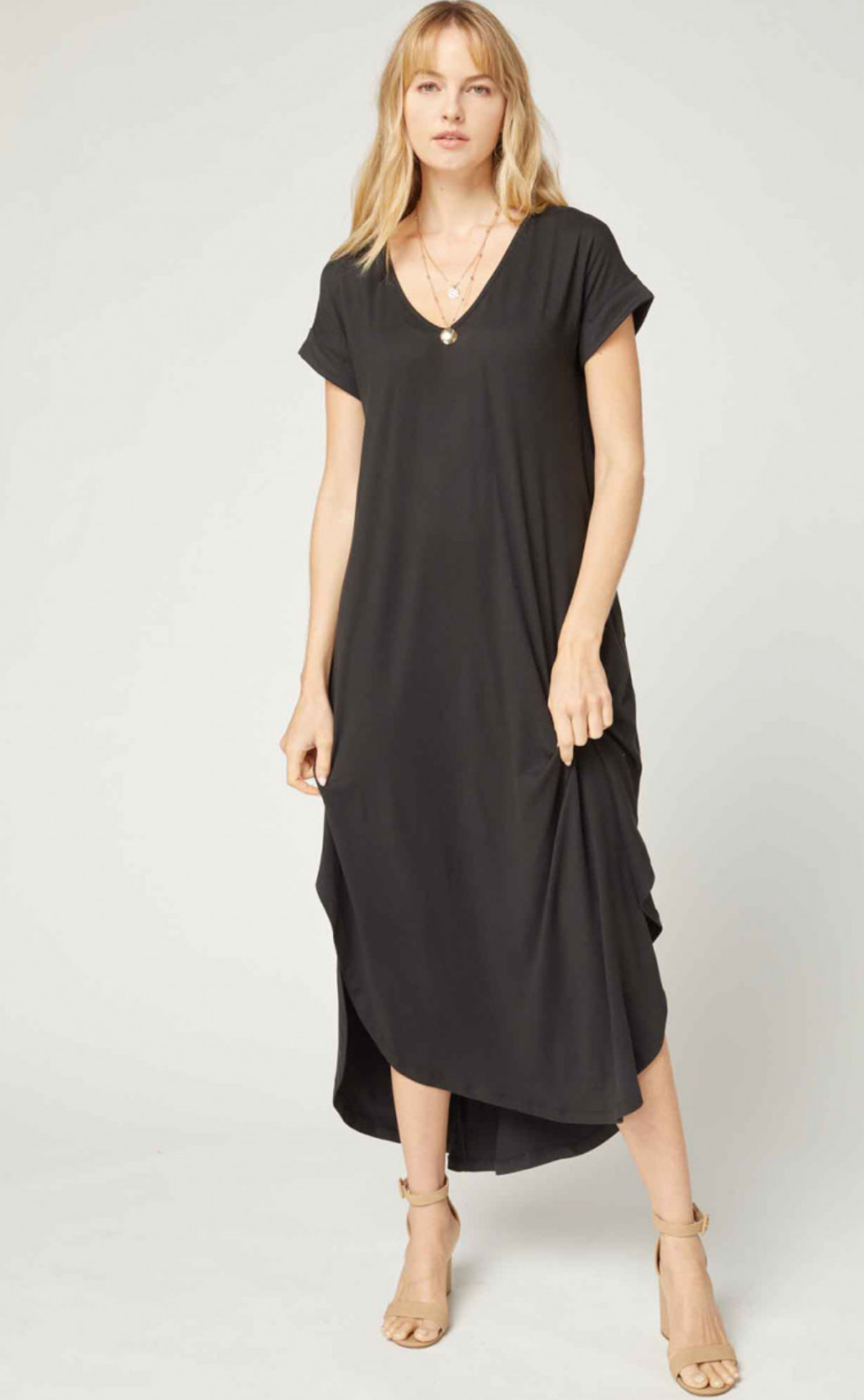 Cove Jersey Knit V-Relaxed Fit T-Shirt Maxi Dress - Black