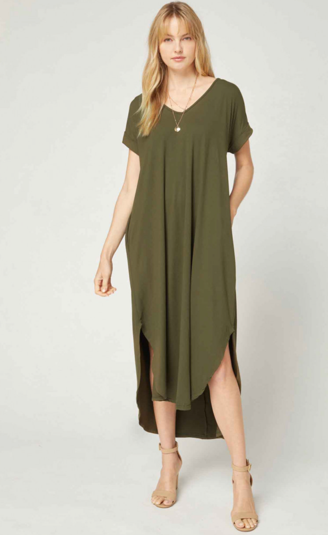 Cove Jersey Knit V-Relaxed Fit T-Shirt Maxi Dress - Olive Green