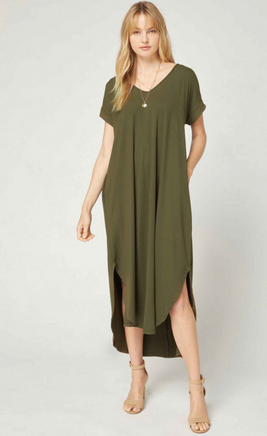 Cove Jersey Knit V-Relaxed Fit T-Shirt Maxi Dress - Olive Green