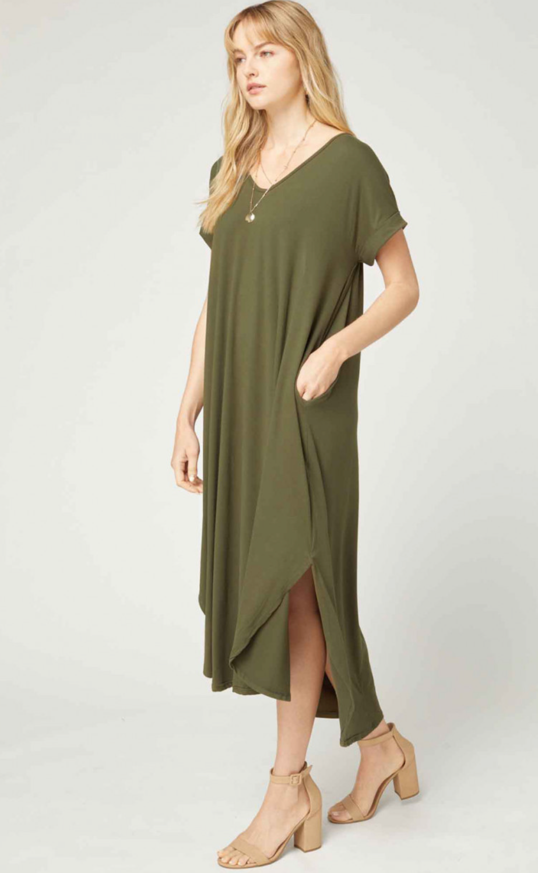 Cove Jersey Knit V-Relaxed Fit T-Shirt Maxi Dress - Olive Green