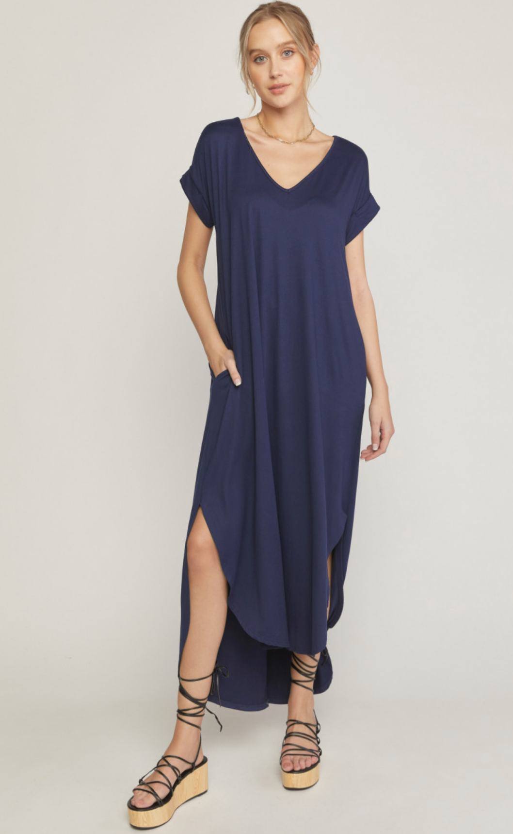 zSALE Cove Jersey Knit V-Relaxed Fit T-Shirt Maxi Dress - Navy
